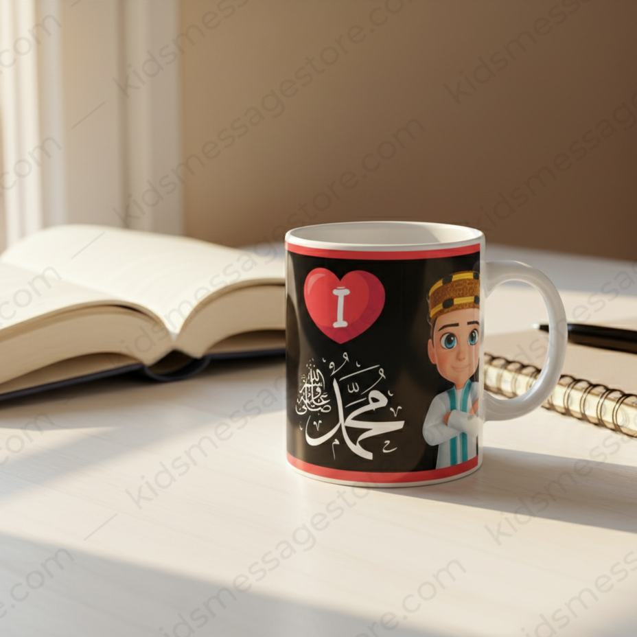 I Love Mohammad ﷺ Black Ceramic Mug – 300ml Premium Islamic Coffee & Tea Cup for Kids