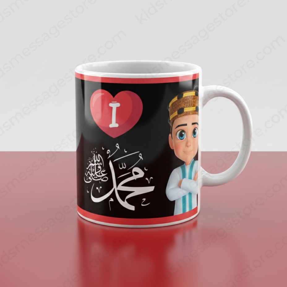 I Love Mohammad ﷺ Black Ceramic Mug – 300ml Premium Islamic Coffee & Tea Cup for Kids