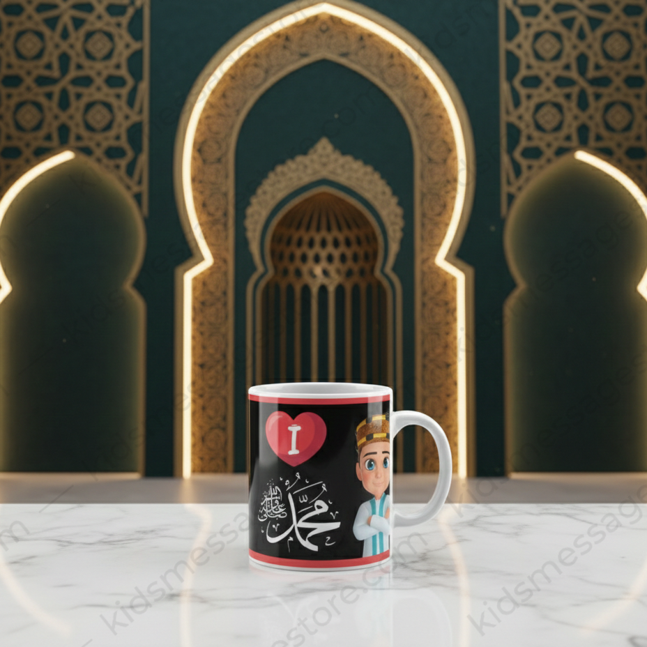 I Love Mohammad ﷺ Black Ceramic Mug – 300ml Premium Islamic Coffee & Tea Cup for Kids