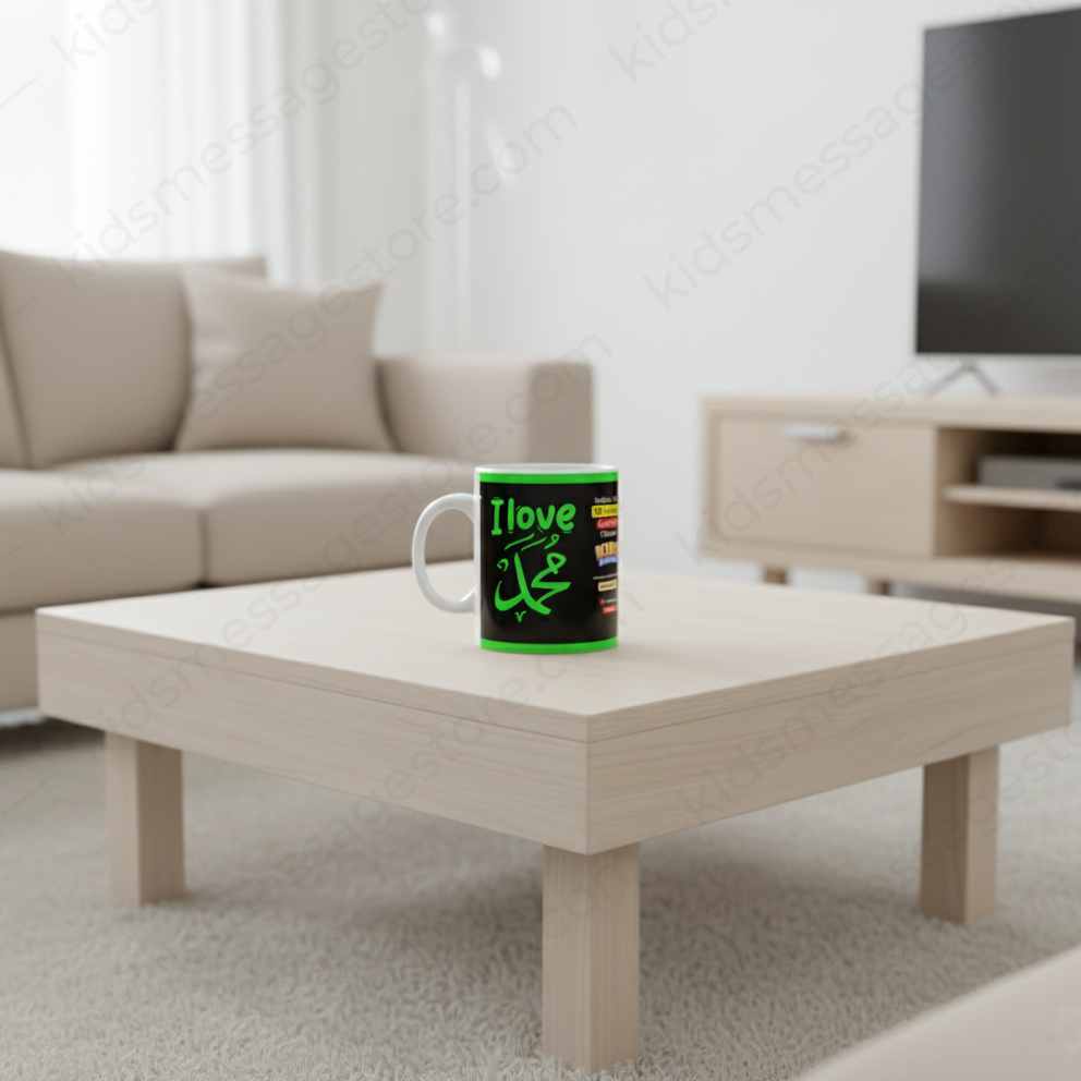I Love Muhammad ﷺ Black & Green Islamic Ceramic Mug | Premium 300ml Coffee Tea Cup | Muslim Gift Mug
