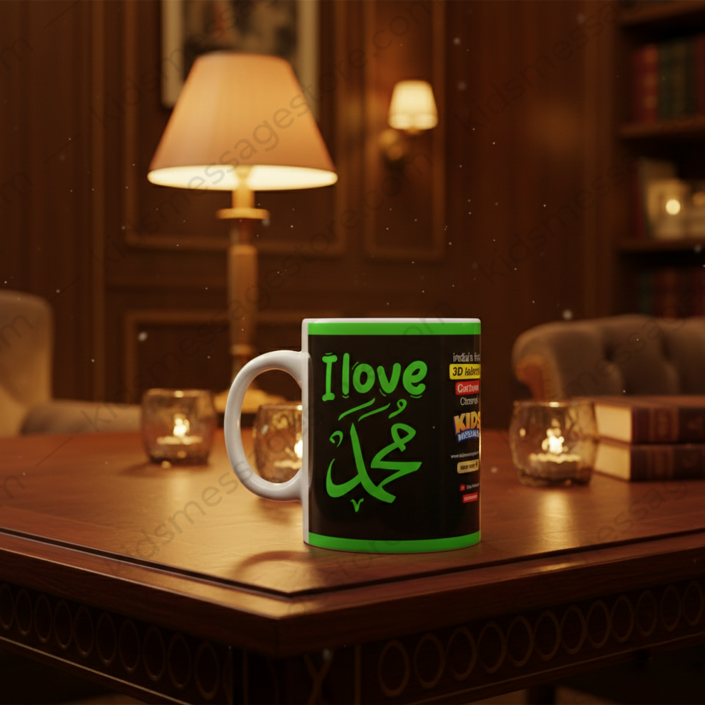 I Love Muhammad ﷺ Black & Green Islamic Ceramic Mug | Premium 300ml Coffee Tea Cup | Muslim Gift Mug