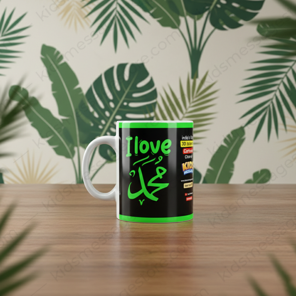 I Love Muhammad ﷺ Black & Green Islamic Ceramic Mug | Premium 300ml Coffee Tea Cup | Muslim Gift Mug