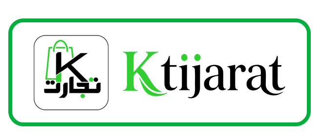 A centered rectangular logo on a light gray background featuring the brand name 'Ktijarat' in green and black, with a green shopping bag icon and Arabic text inside a rounded green border.