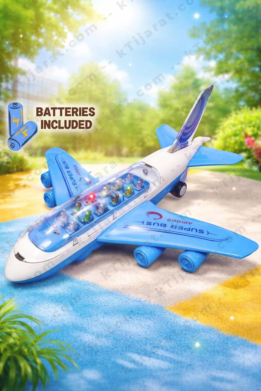Labbaik  Airbus Toy for Kids with Lights and Sound, Battery Operated Transparent Cabin Plane with Passengers, Sound LED Toy for Boys & Girls, 3+ Years, Blue and White