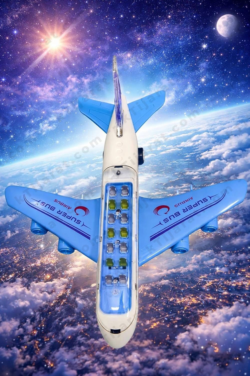Labbaik  Airbus Toy for Kids with Lights and Sound, Battery Operated Transparent Cabin Plane with Passengers, Sound LED Toy for Boys & Girls, 3+ Years, Blue and White