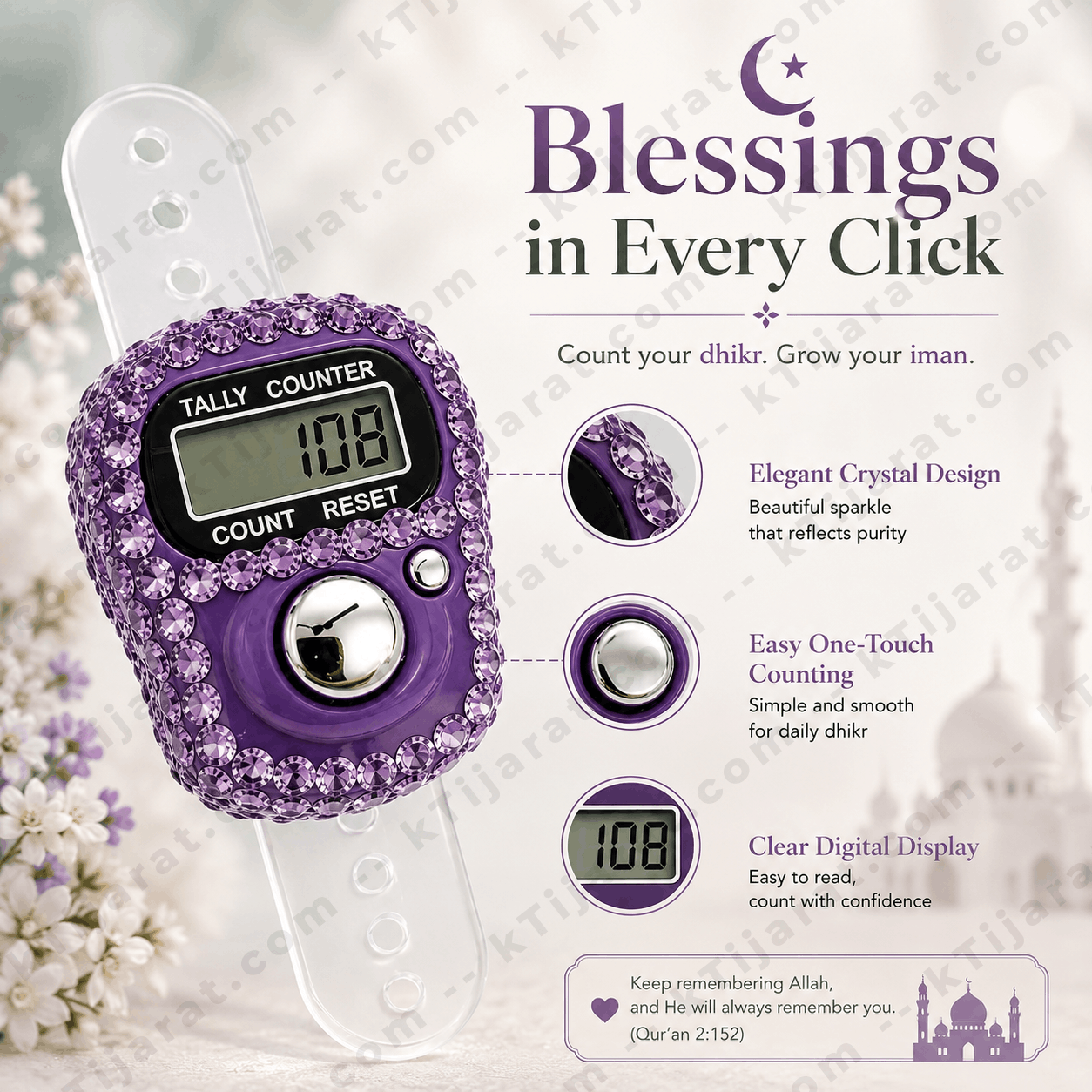 Ktijarat Luxury Crystal Digital Finger Tally Counter Ring | Electronic Tasbih Zikr Counter | LED Display | Reset Button | Adjustable Finger Counter