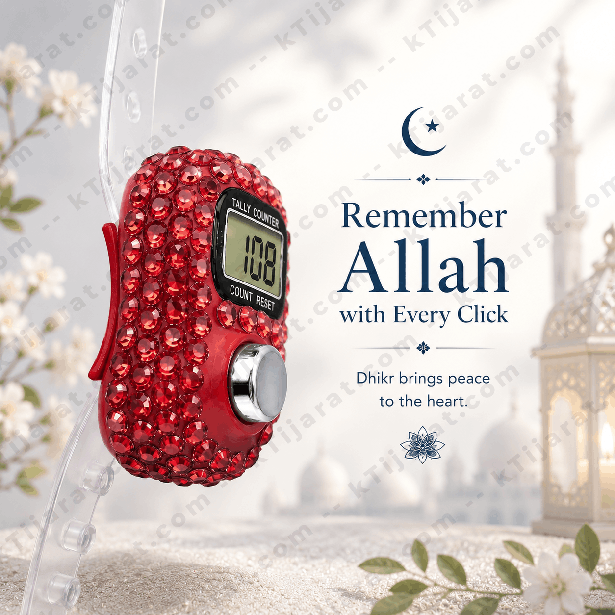 Ktijarat Luxury Crystal Digital Finger Tally Counter Ring | Electronic Tasbih Zikr Counter | LED Display | Reset Button | Adjustable Finger Counter