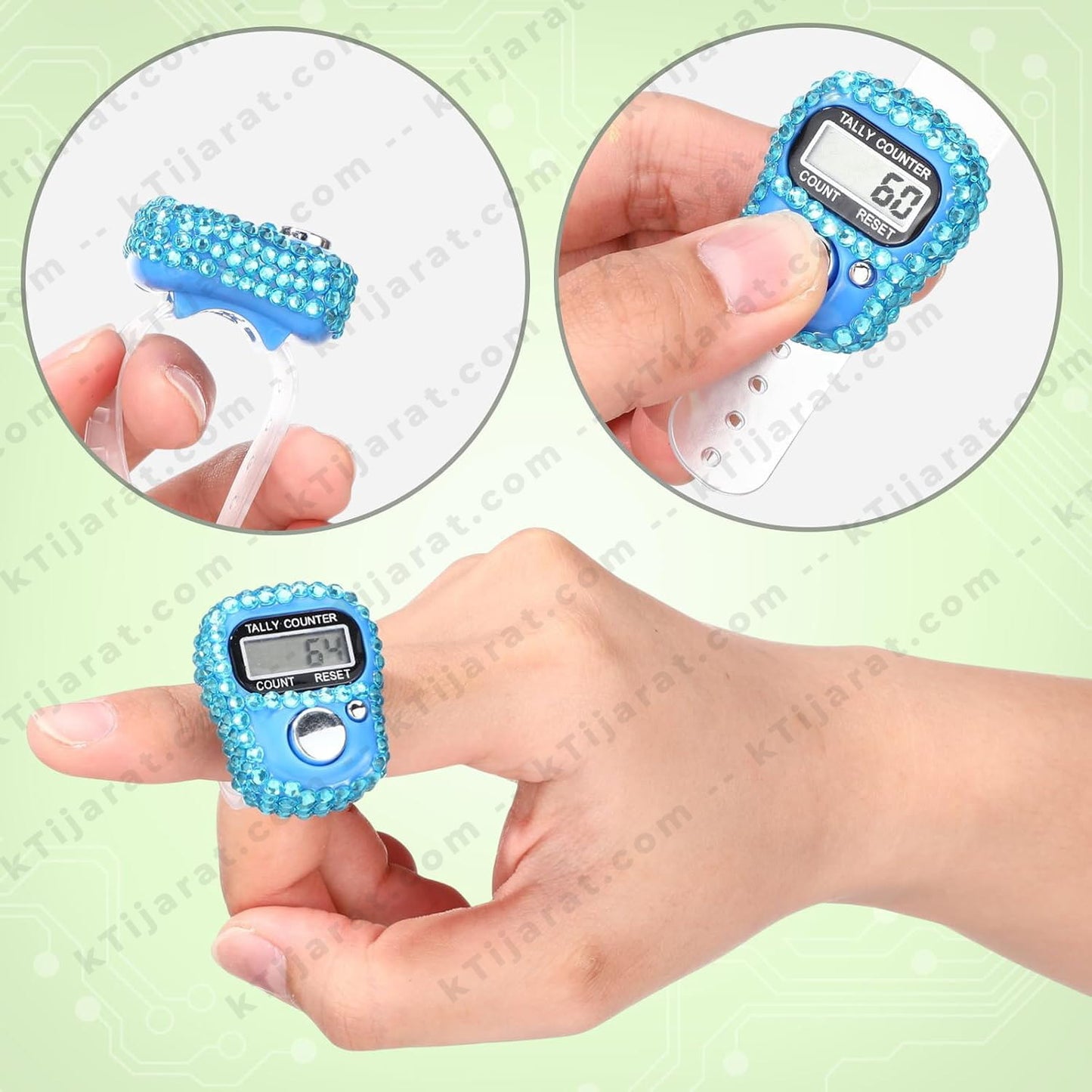 Ktijarat Luxury Crystal Digital Finger Tally Counter Ring | Electronic Tasbih Zikr Counter | LED Display | Reset Button | Adjustable Finger Counter