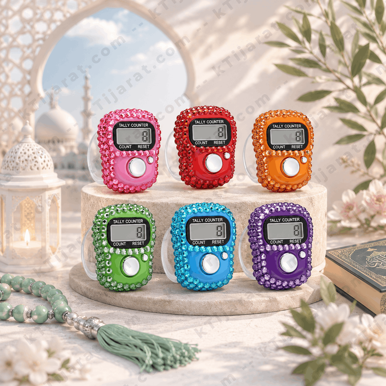 Ktijarat Luxury Crystal Digital Finger Tally Counter Ring | Electronic Tasbih Zikr Counter | LED Display | Reset Button | Adjustable Finger Counter