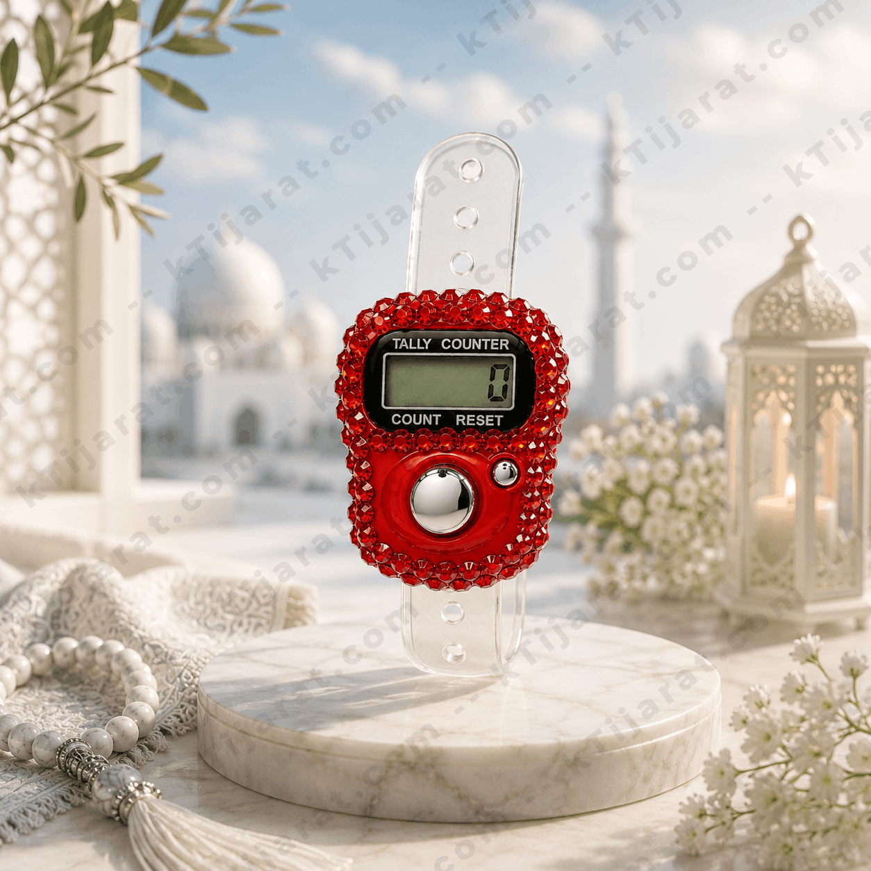 Ktijarat Luxury Crystal Digital Finger Tally Counter Ring | Electronic Tasbih Zikr Counter | LED Display | Reset Button | Adjustable Finger Counter