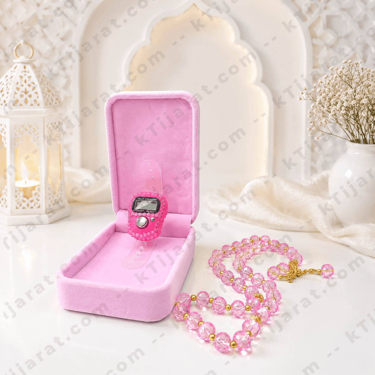 Ktijarat Luxury Crystal Digital Tasbih Gift Set with Velvet Gift Box | Electronic Finger Tally Counter Ring | Premium Islamic Gift Box