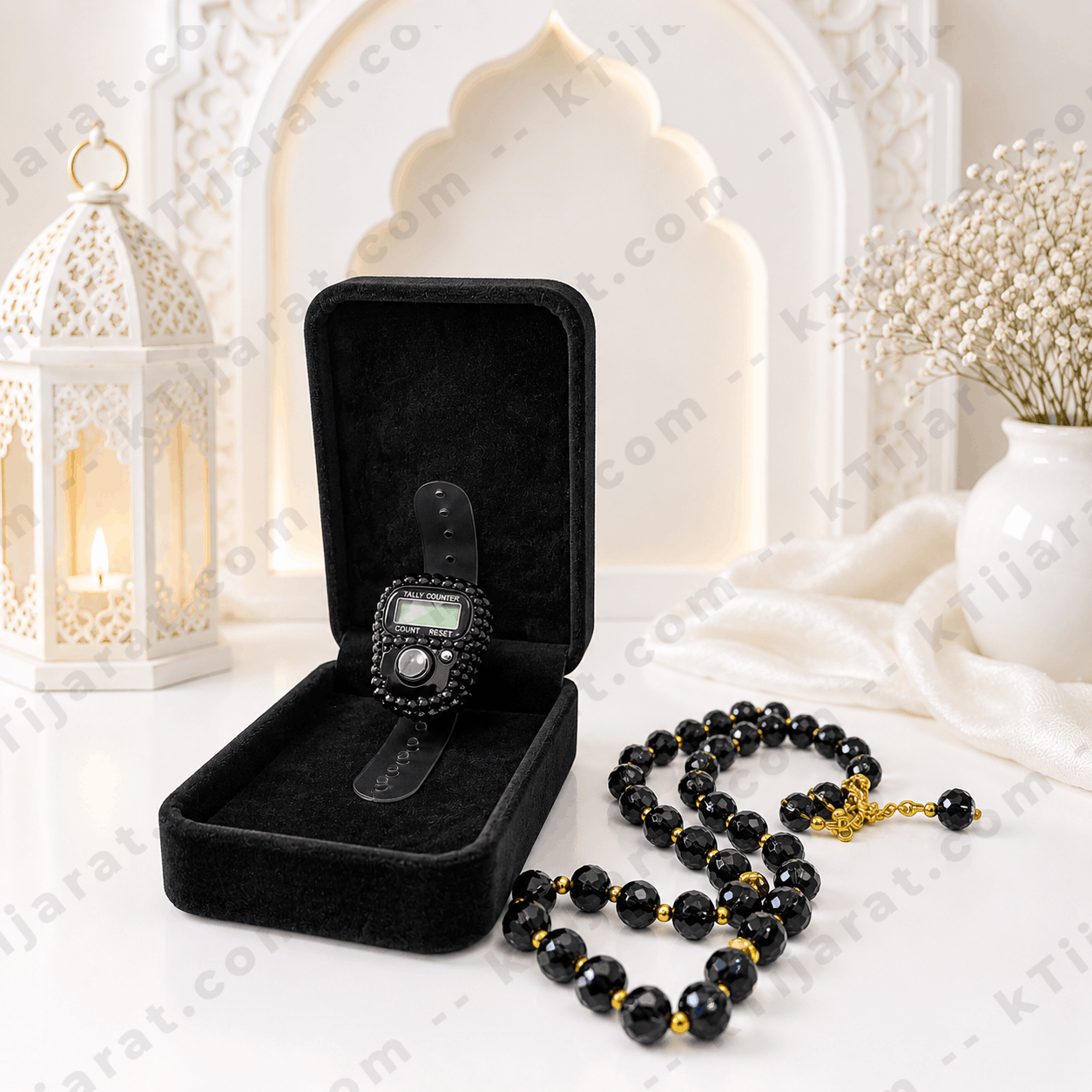 Ktijarat Luxury Crystal Digital Tasbih Gift Set with Velvet Gift Box | Electronic Finger Tally Counter Ring | Premium Islamic Gift Box