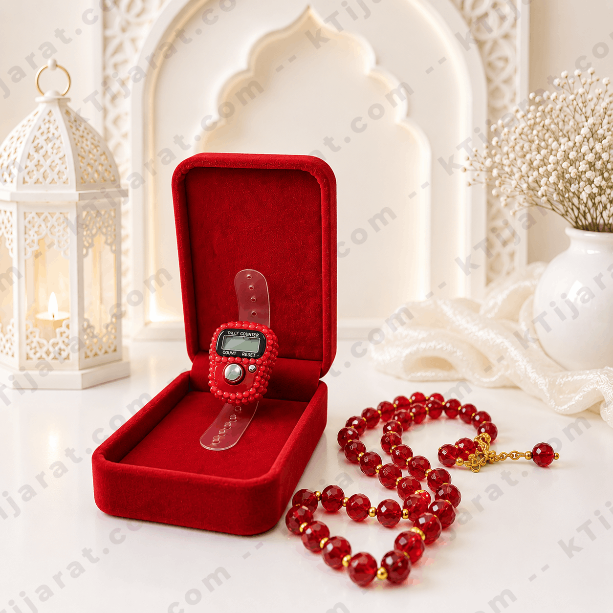 Ktijarat Luxury Crystal Digital Tasbih Gift Set with Velvet Gift Box | Electronic Finger Tally Counter Ring | Premium Islamic Gift Box