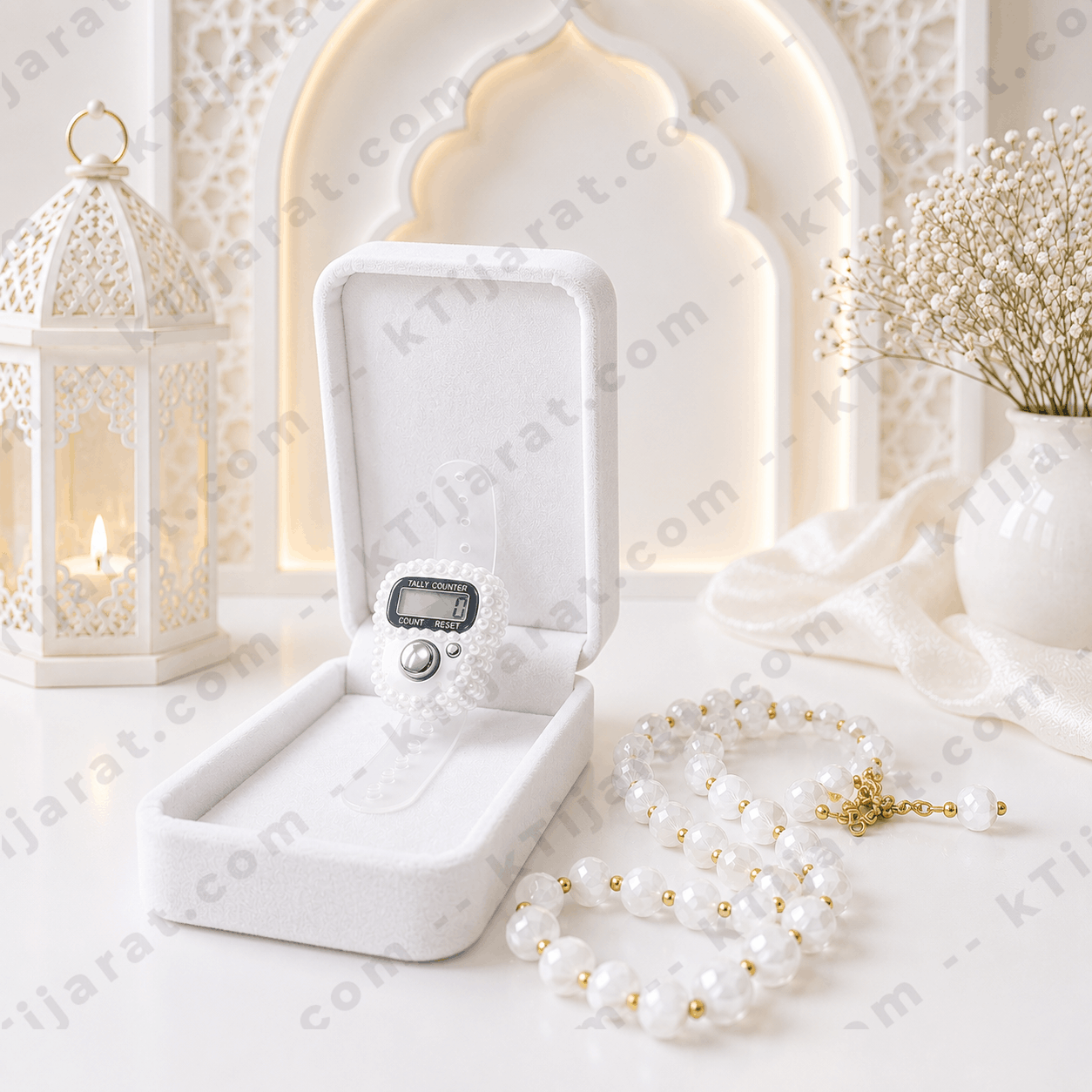 Ktijarat Luxury Crystal Digital Tasbih Gift Set with Velvet Gift Box | Electronic Finger Tally Counter Ring | Premium Islamic Gift Box