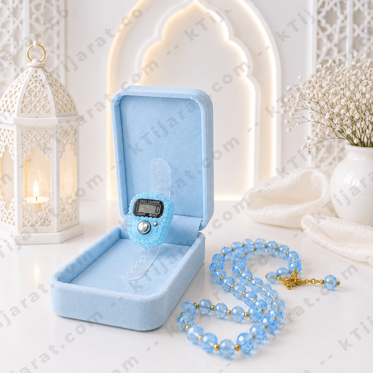 Ktijarat Luxury Crystal Digital Tasbih Gift Set with Velvet Gift Box | Electronic Finger Tally Counter Ring | Premium Islamic Gift Box