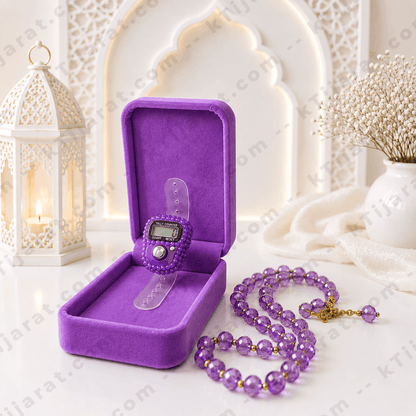 Ktijarat Luxury Crystal Digital Tasbih Gift Set with Velvet Gift Box | Electronic Finger Tally Counter Ring | Premium Islamic Gift Box