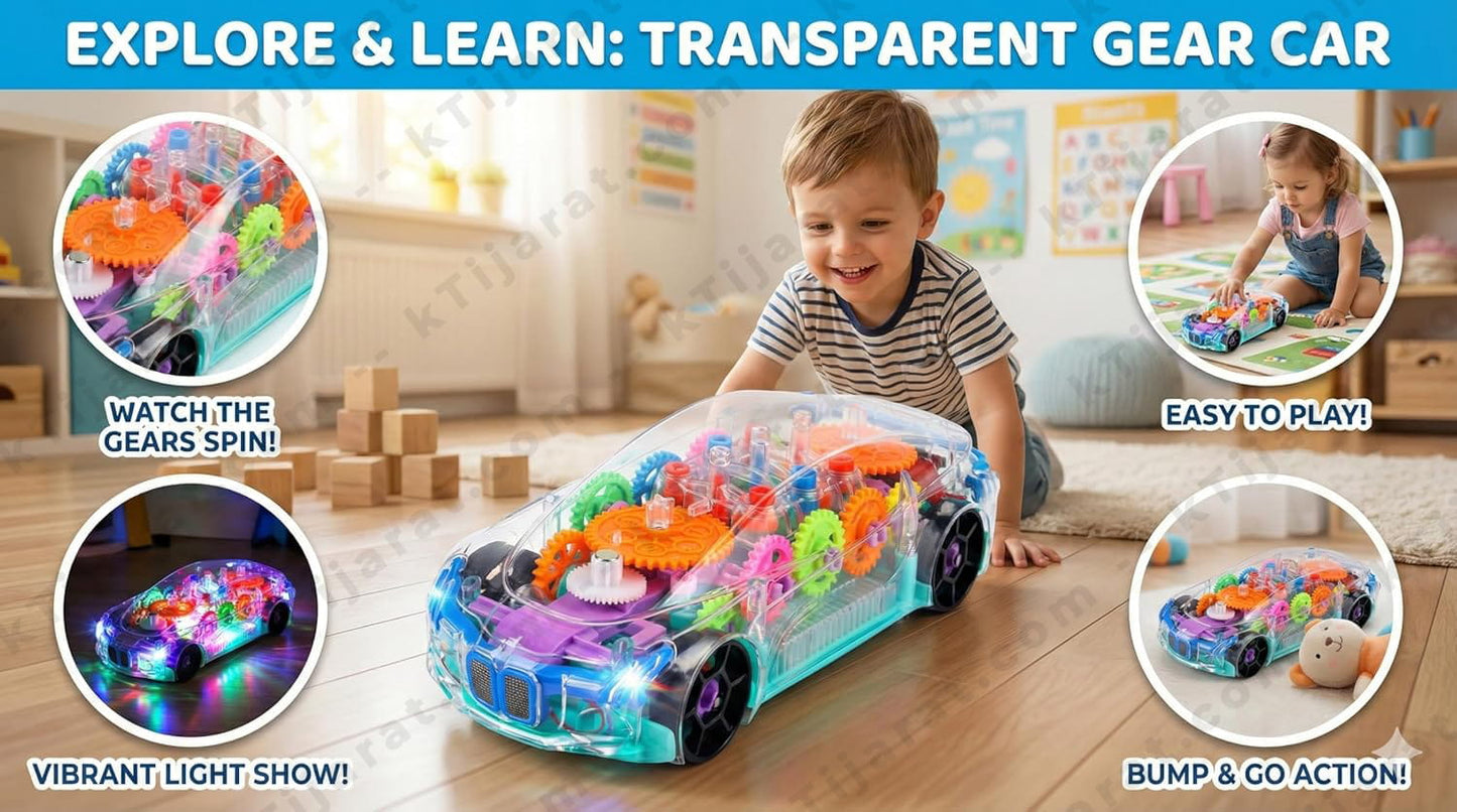Labbaik Islamic Car Transparent Gear Toy with LED Lights, Sound & Bump and Go Action